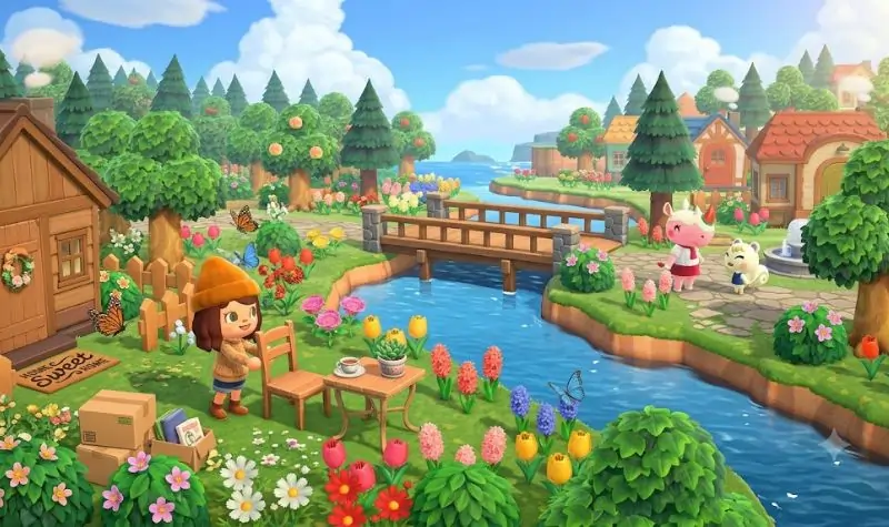 Player decorating an island in Animal Crossing New Horizons with furniture, flowers, and custom paths