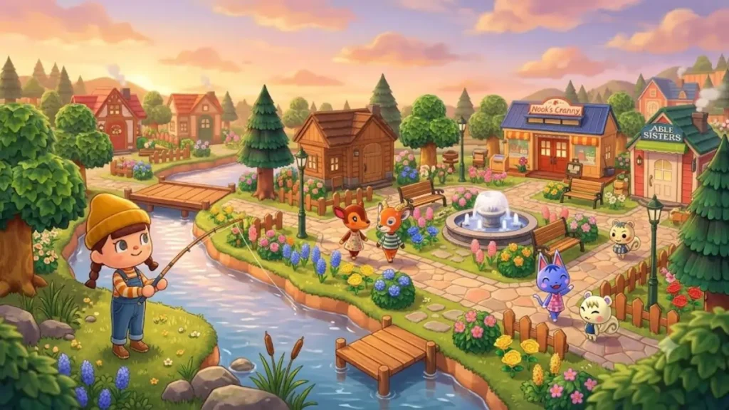 Animal Crossing New Horizons island with colorful villagers, cozy homes, flowers, and peaceful scenery on Nintendo Switch