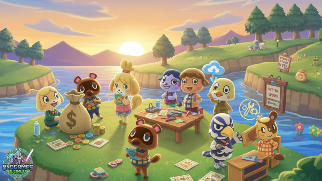 Animal Crossing New Horizons gameplay screenshot with villagers and pre-update tasks guide