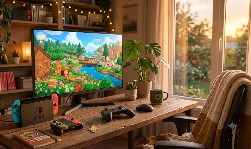 Nintendo Switch displaying Animal Crossing New Horizons in a cozy gaming room