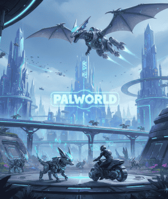 Close-up of Palworld creatures including a dragon and bunny in colorful environment, showing game detail and animation style
