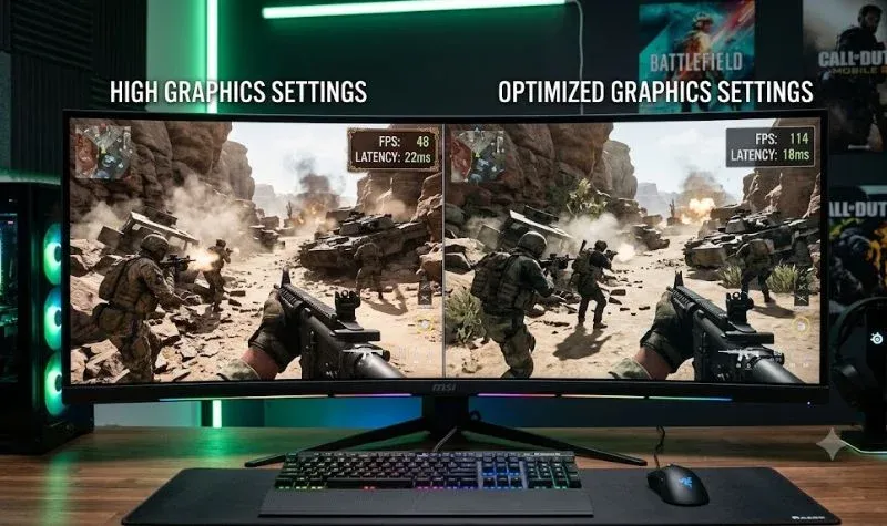 Comparison between high and optimized graphics settings.