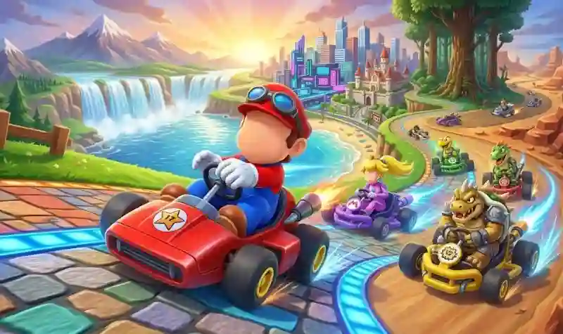 Connected world racing environment inspired by Mario Kart World