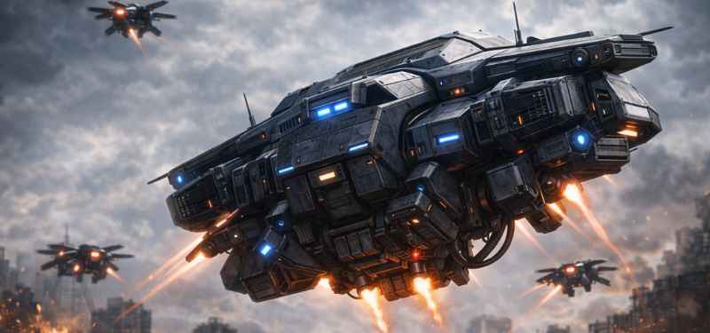 ARC flying command unit coordinating drone attack in futuristic sky