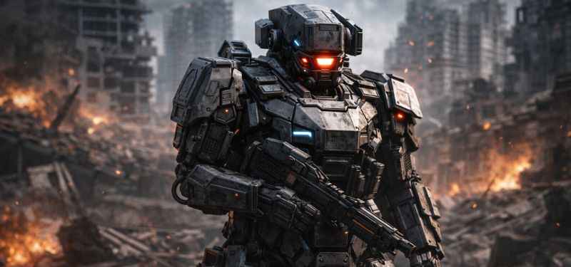 ARC patrol bot armored ground unit in ruined city environment