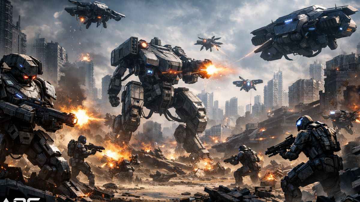 Rockstar ARC Riders ARC machine types including drones and heavy enforcers in futuristic battlefield