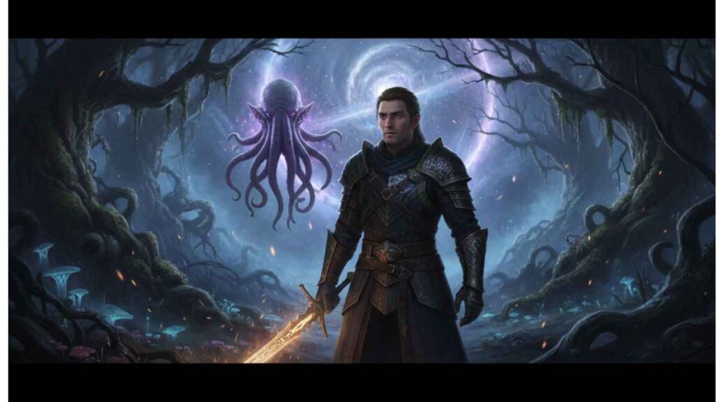Baldur’s Gate 3 main character in dark forest with mind flayer in the background, showcasing the story’s tension and mystery.