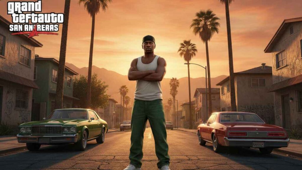 GTA San Andreas CJ standing in Grove Street Los Santos at sunset
