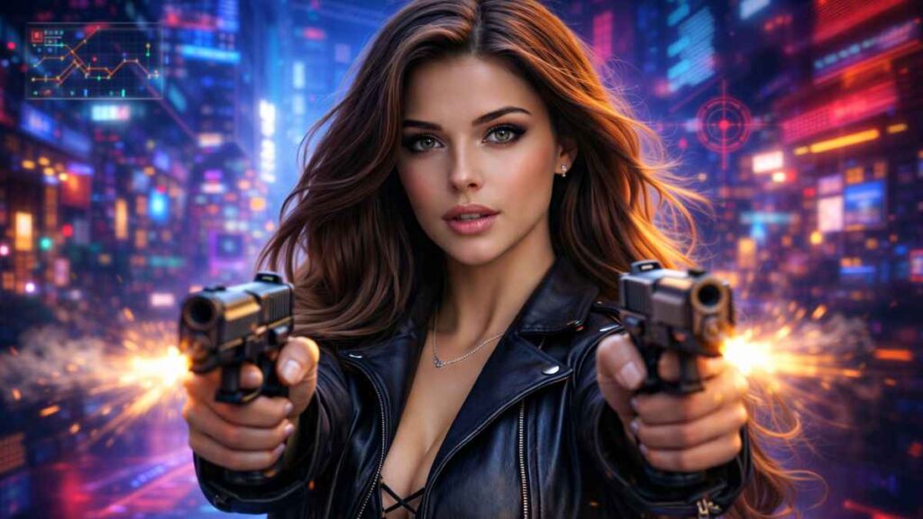 Max Payne 2001 cinematic banner, noir action scene, Max holding guns in dark city alley