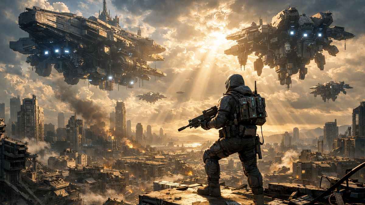 Rockstar ARC Riders mission by mission story guide gameplay scene with ARC machines over ruined city