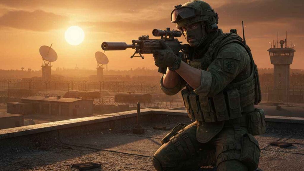 IGI 1 tactical soldier standing on rooftop during sunset mission