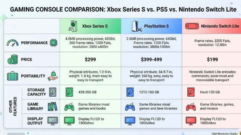 gaming console comparison ps5 xbox switch table infographic