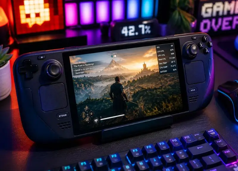 steam deck handheld gaming setup 2026 action game screenshot