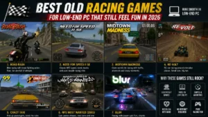 Collage of classic old racing games for low-end PC including Road Rash, NFS Most Wanted, Midtown Madness, Crazy Taxi, and Re-Volt with retro gaming theme.