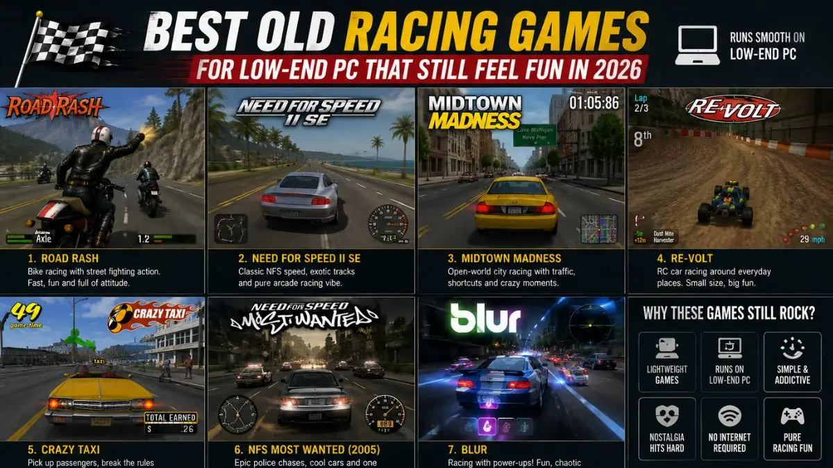 Collage of classic old racing games for low-end PC including Road Rash, NFS Most Wanted, Midtown Madness, Crazy Taxi, and Re-Volt with retro gaming theme.