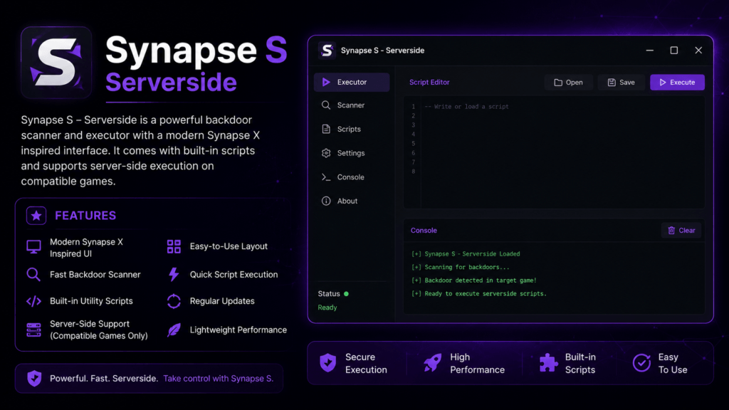 Synapse S Serverside interface showing a modern serverside scanner with built-in utility scripts.