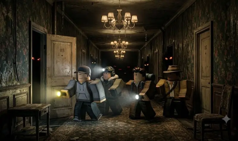 A mysterious hotel corridor inspired by Roblox DOORS.