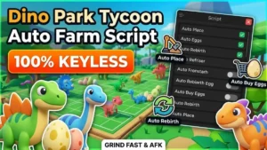 Dino Park Tycoon Auto Farm Script keyless GUI showing auto place and auto buy eggs features