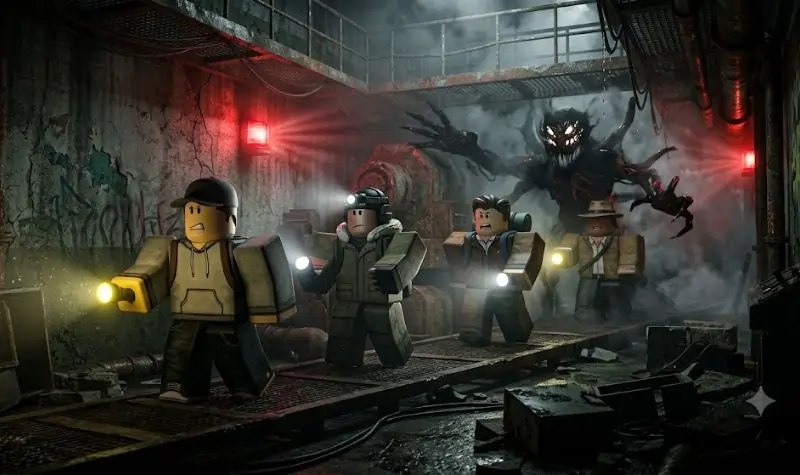 Friends escaping a monster in a Roblox horror game.