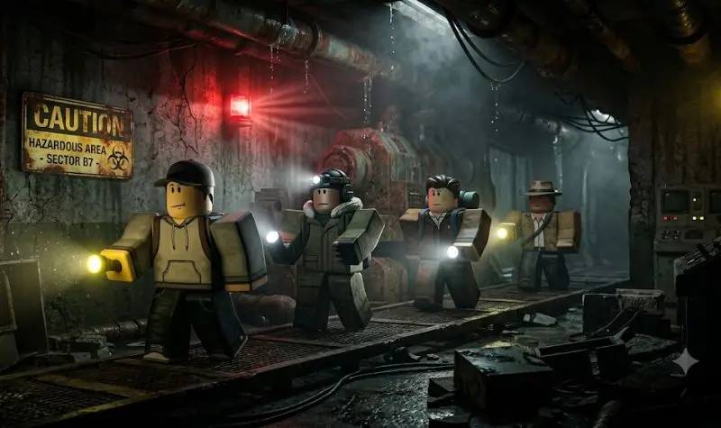 Friends exploring a multiplayer Roblox horror game.