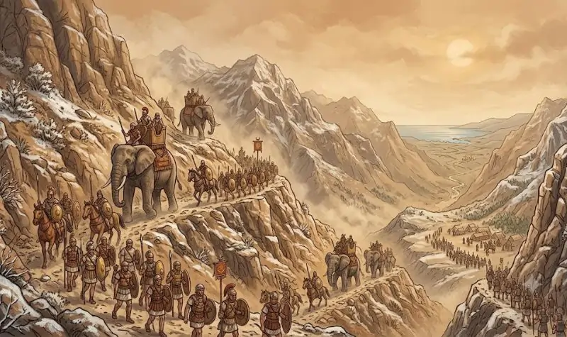 Illustration of an ancient military campaign referencing Old World's historical scenarios