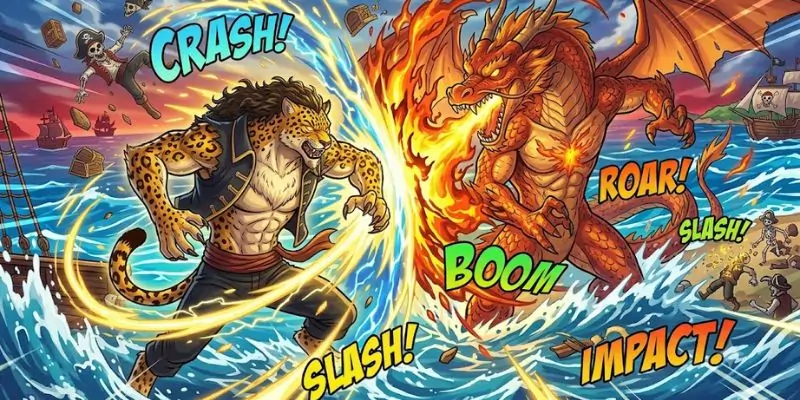 Leopard and Dragon fruits battling in Blox Fruits.