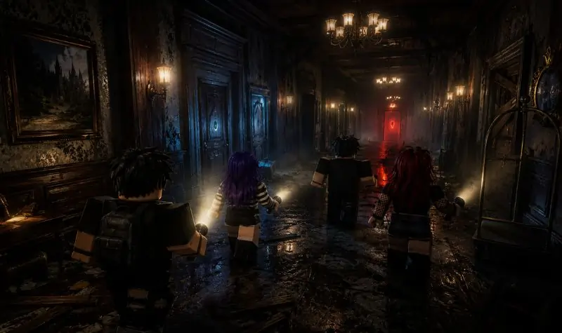 Players exploring a haunted Roblox horror hotel.