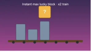 Illustration of a lucky block dropping from a climbing platform, representing an instant max lucky block Roblox farming script