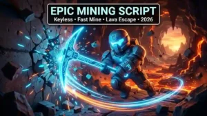 Roblox character swinging a glowing blue pickaxe in a lava cave for Pickaxe Swing Escape Script