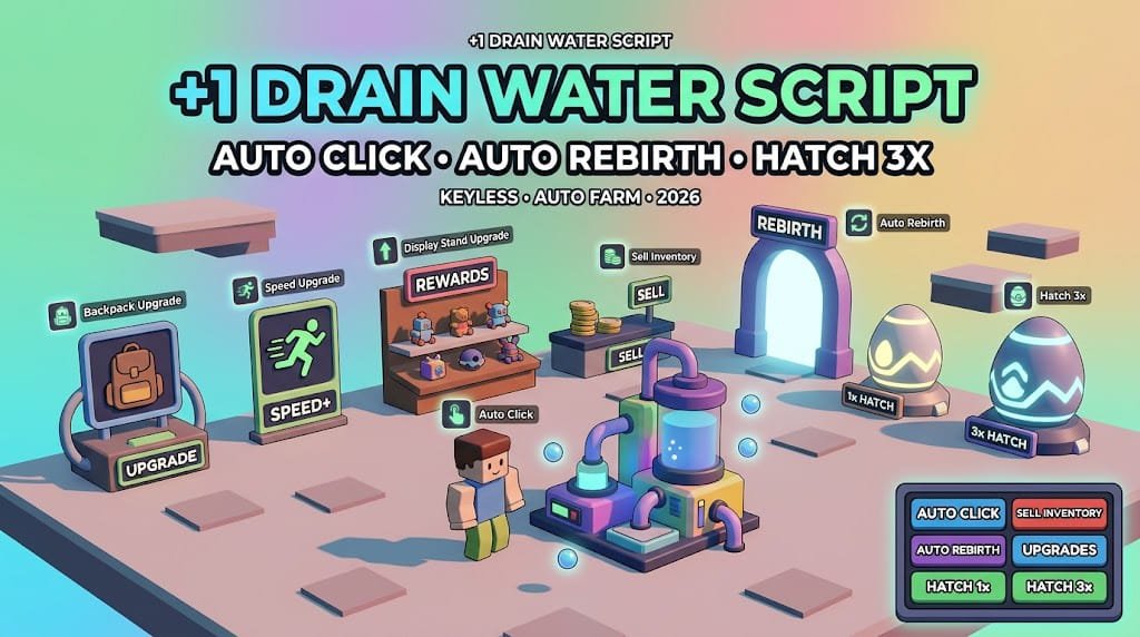 +1 Drain Water Per Click Script 2026 with Auto Click, Auto Rebirth, upgrades and Hatch 3x