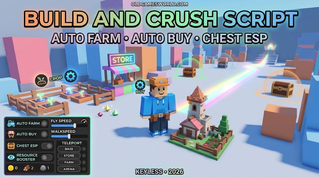 Build and Crush Script 2026 with Auto Farm, Auto Buy, Chest ESP and Keyless features