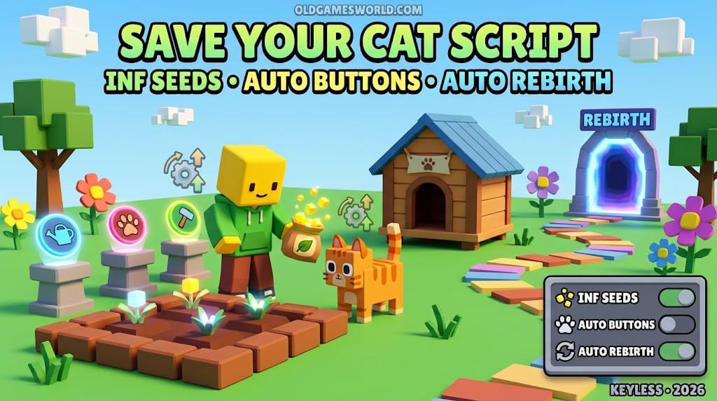 Save Your Cat Script 2026 with Inf Seeds, Auto Buttons, Auto Rebirth and Keyless features