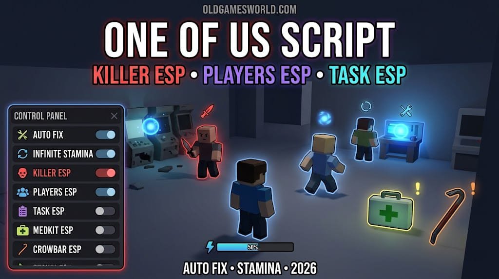 One of Us Script 2026 with Killer ESP, Players ESP, Task ESP, Auto Fix and Infinite Stamina