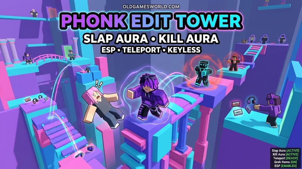 Phonk Edit Tower Script 2026 gameplay with Slap Aura, Kill Aura, ESP, Teleport and Keyless access