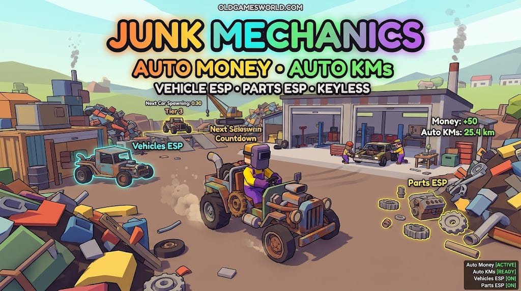 Junk Mechanics Script 2026 gameplay with Vehicle ESP, Parts ESP, Auto Money, Auto KMs and Keyless access