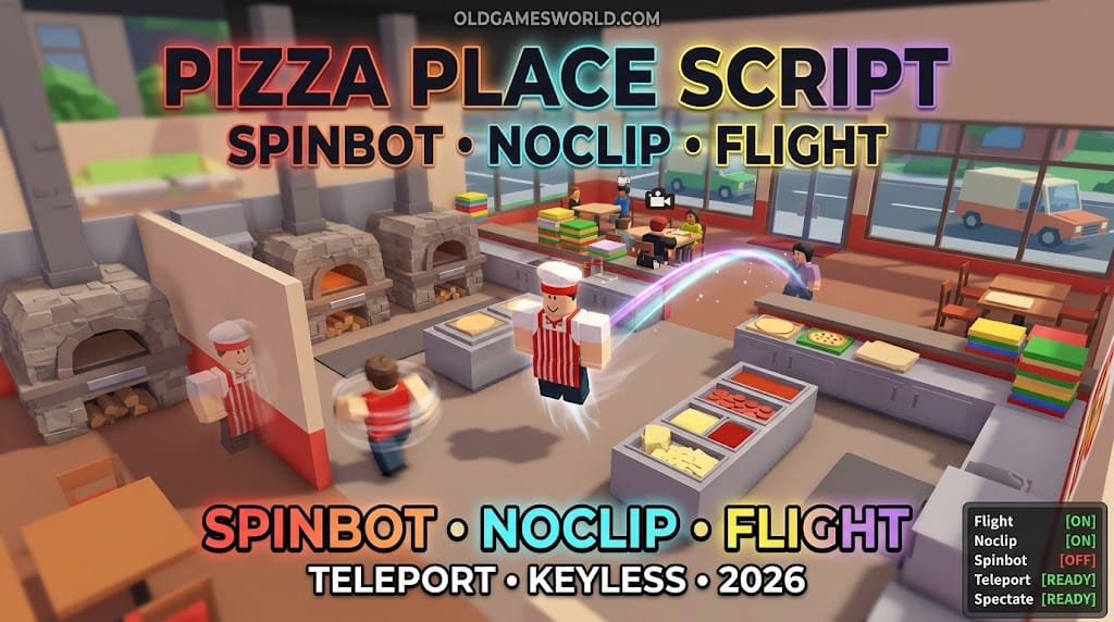 Work at a Pizza Place Script 2026 gameplay with Spinbot, Noclip, Flight, Teleport and Keyless access