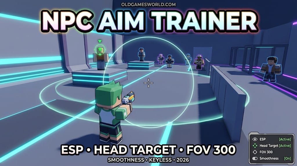 NPC Aim Trainer Script 2026 gameplay with ESP, Head Target, FOV 300, Smoothness and Keyless access