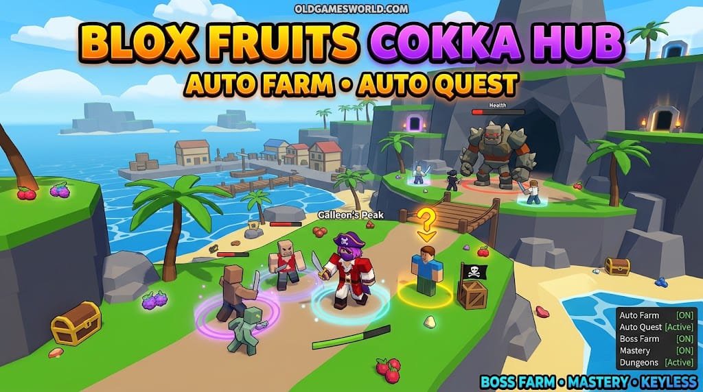 Blox Fruits Cokka Hub Script 2026 gameplay with Auto Farm, Auto Quest, Boss Farm, Mastery and Keyless access