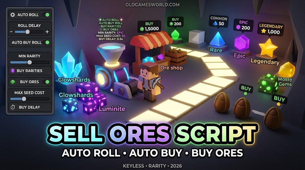 Sell Ores Script 2026 with Auto Roll, Auto Buy Roll, Buy Ores, Rarity controls and Keyless access