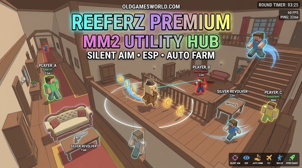 Reeferz Premium MM2 Utility Hub 2026 gameplay with Silent Aim, ESP, Auto Farm Coins, Fly and Keyless access