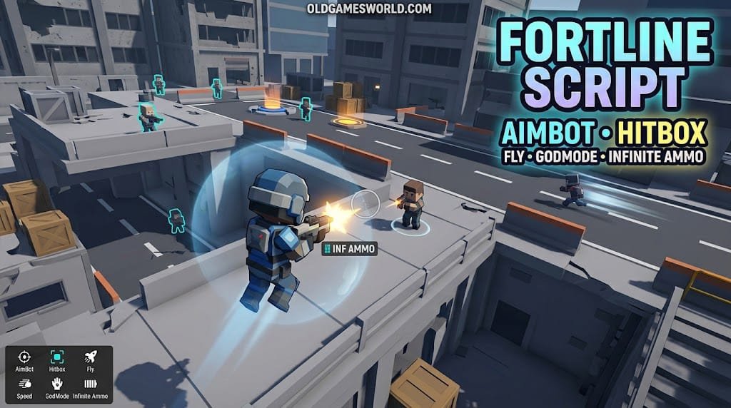FortLine Script 2026 gameplay with Aimbot, Hitbox, Fly, GodMode, Infinite Ammo and Keyless access