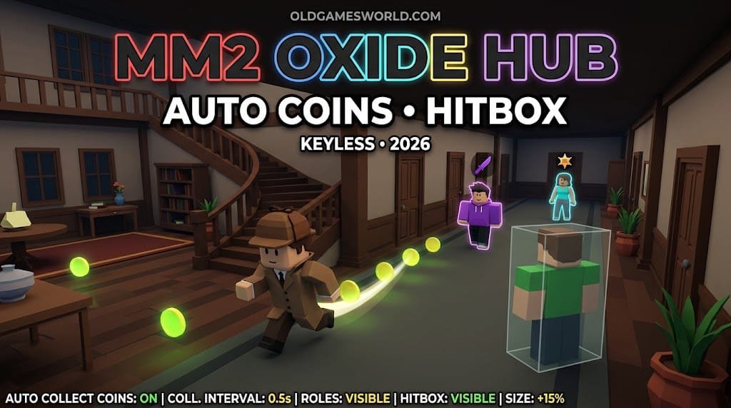 MM2 Oxide Hub Script 2026 gameplay with Auto Collect Coins, Roles, Hitbox Expander and Keyless access