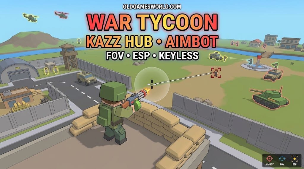 War Tycoon Kazz Hub Script 2026 gameplay with Aimbot, FOV, ESP and Keyless access