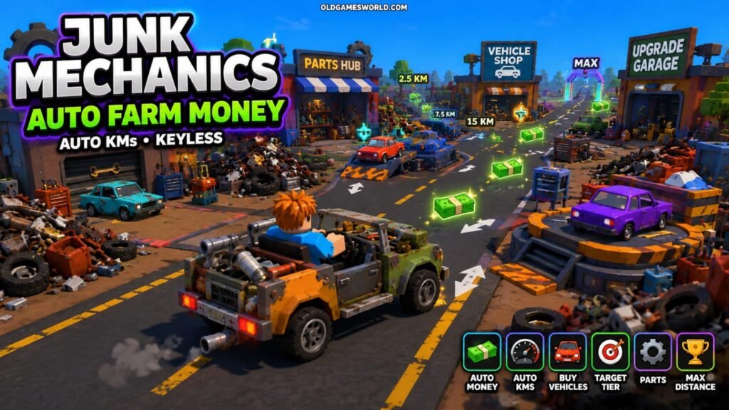 Junk Mechanics Script 2026 thumbnail showing a blocky mechanic driving a junk vehicle with Auto Farm Money and Auto KMs features.