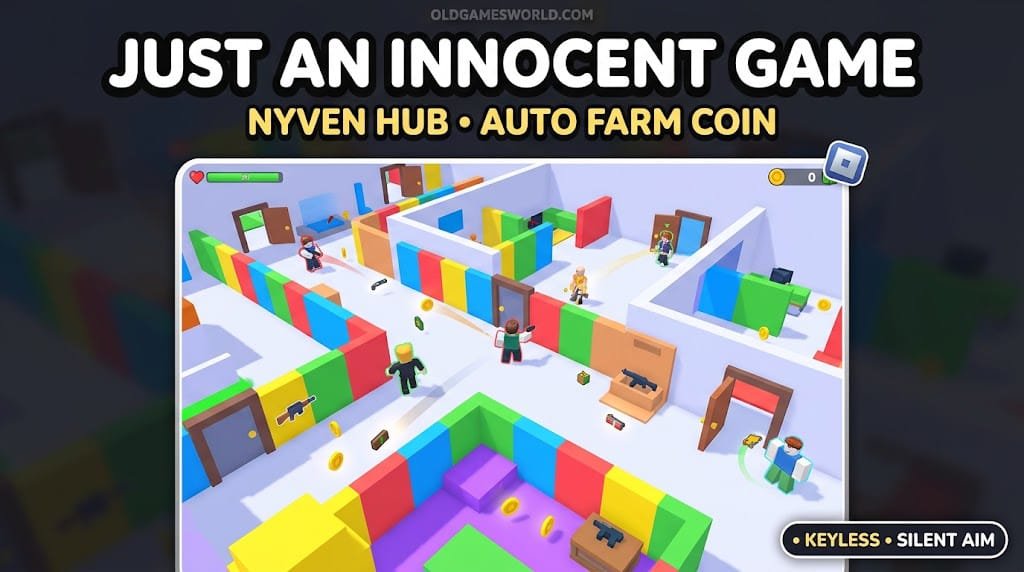 Just an Innocent Game Nyven Hub Script 2026 gameplay thumbnail featuring Auto Farm Coin, Silent Aim, ESP and Keyless features.