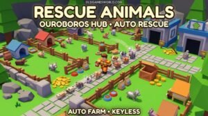 Rescue Animals Script 2026 thumbnail showing Ouroboros Hub Auto Rescue, Auto Farm, animal rescue, money collection and keyless gameplay.
