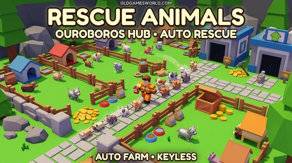 Rescue Animals Script 2026 thumbnail showing Ouroboros Hub Auto Rescue, Auto Farm, animal rescue, money collection and keyless gameplay.