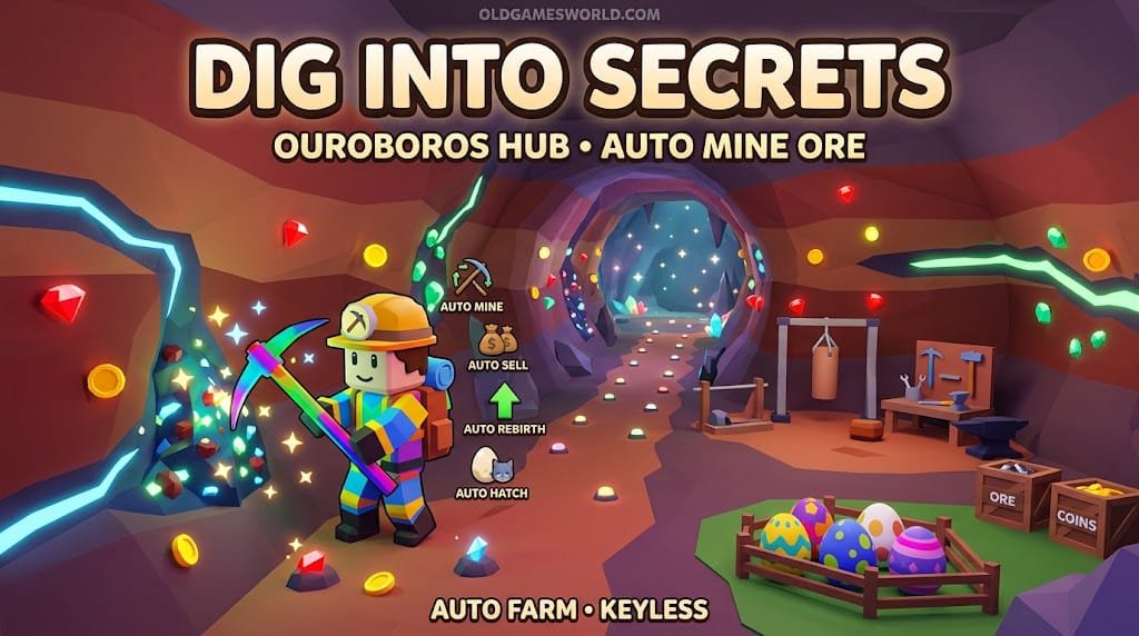 Dig Into Secrets Script 2026 thumbnail showing Ouroboros Hub Auto Mine Ore, Auto Farm, Auto Rebirth and keyless gameplay.