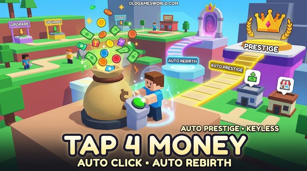 Tap 4 Money Script 2026 thumbnail showing Ouroboros Hub Auto Click, Auto Rebirth, Auto Prestige and keyless gameplay.