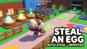 Decode v1.4.13 Steal an Egg script thumbnail showing a blocky character stealing an egg with Auto Steal, Treadmill, Infested and keyless features